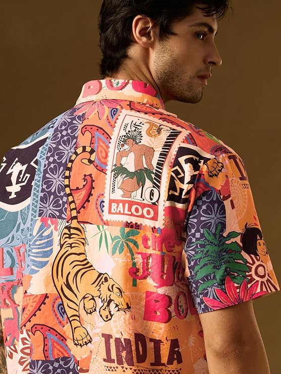The Souled Store Official Jungle Book: Indie Print Men and Boys Short Sleeve Collared Neck Button Down Regular Fit Cotton Summer Shirts