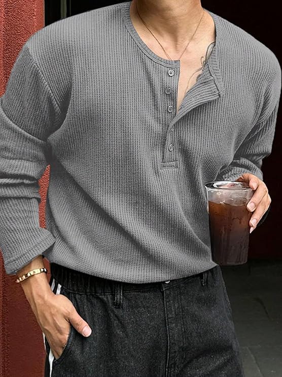 Men's Textured Fabric Solid Color Basic Half-Open Collar T-Shirt, Fall Long Sleeve Men Shirt | Tshirt for Men